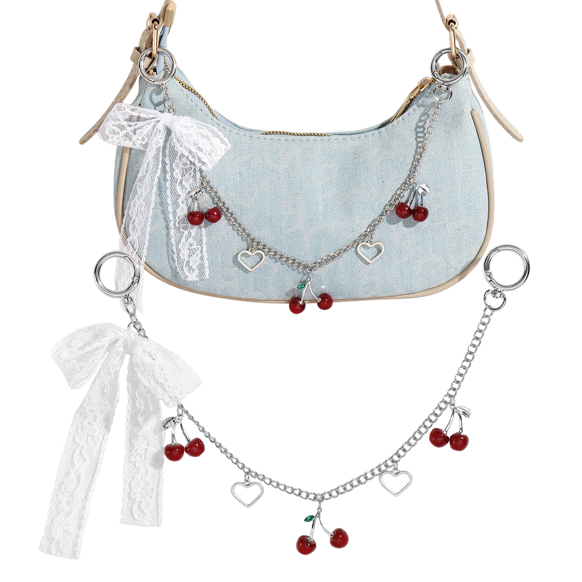Bag Charm With Lace Bow And Simulated Cherry Pendant
