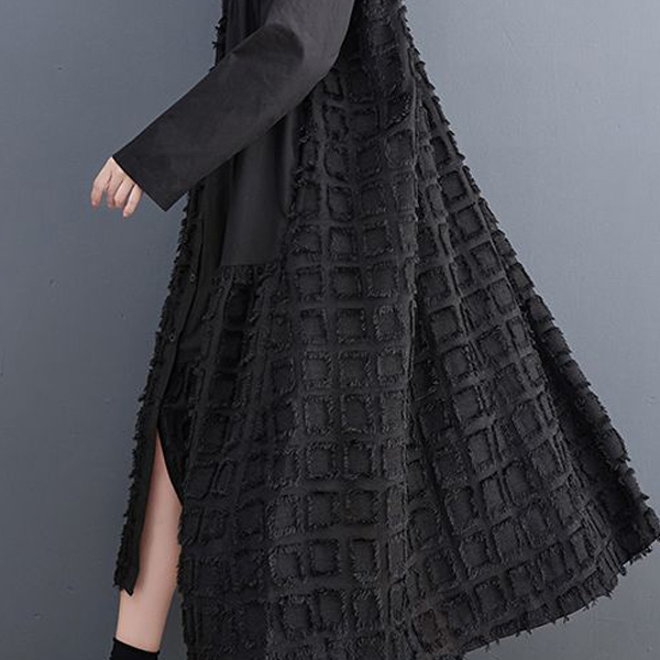 シャツボタンワンピース  ゆったり ギャザー配色シャツフェザージャカード長袖ロング