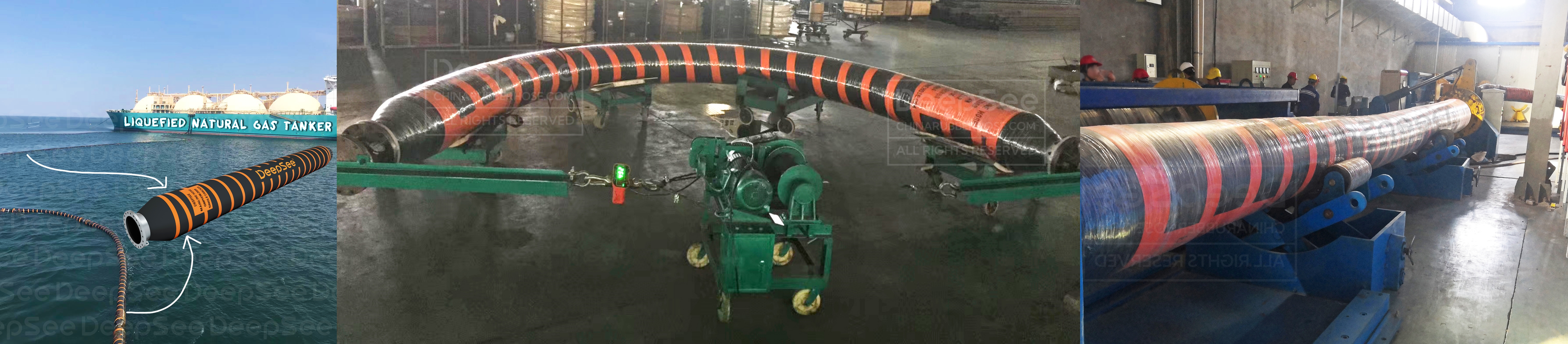 Single carcass floating mainline hoses working on sea and doing tests in DeepSee's factory