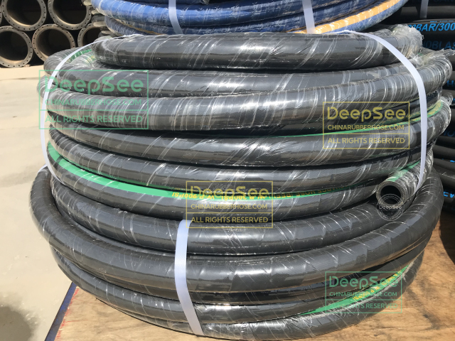 DeepSee water discharge rubber hose with green and yellow label