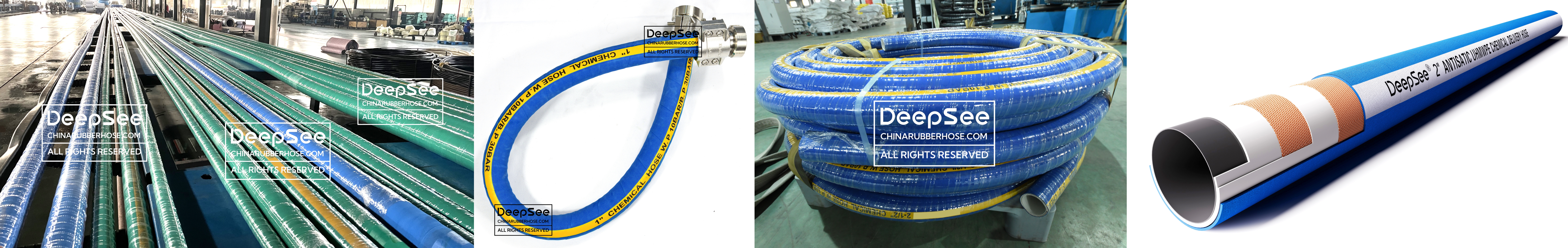 Blue antistatic chemical transfer hose in DeepSee's factory