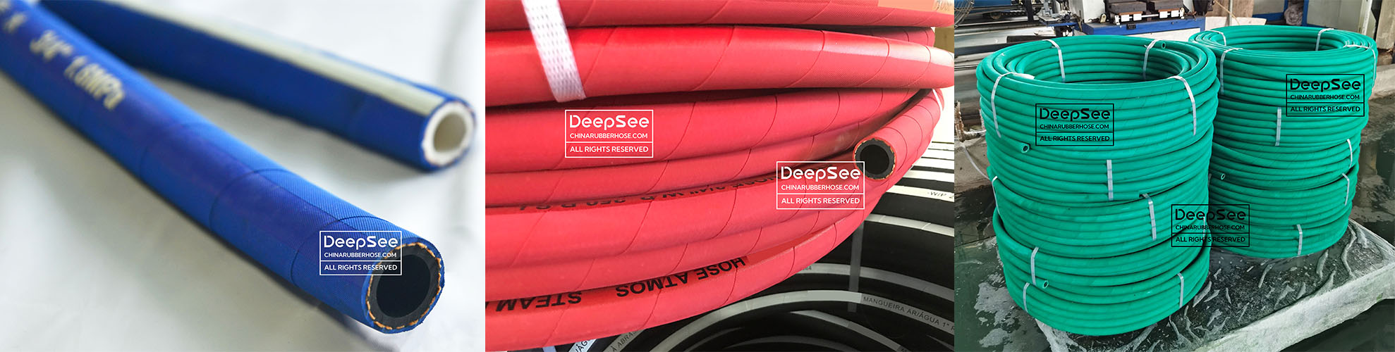 Blue, red, and green steam hot water delivery hoses - DeepSee
