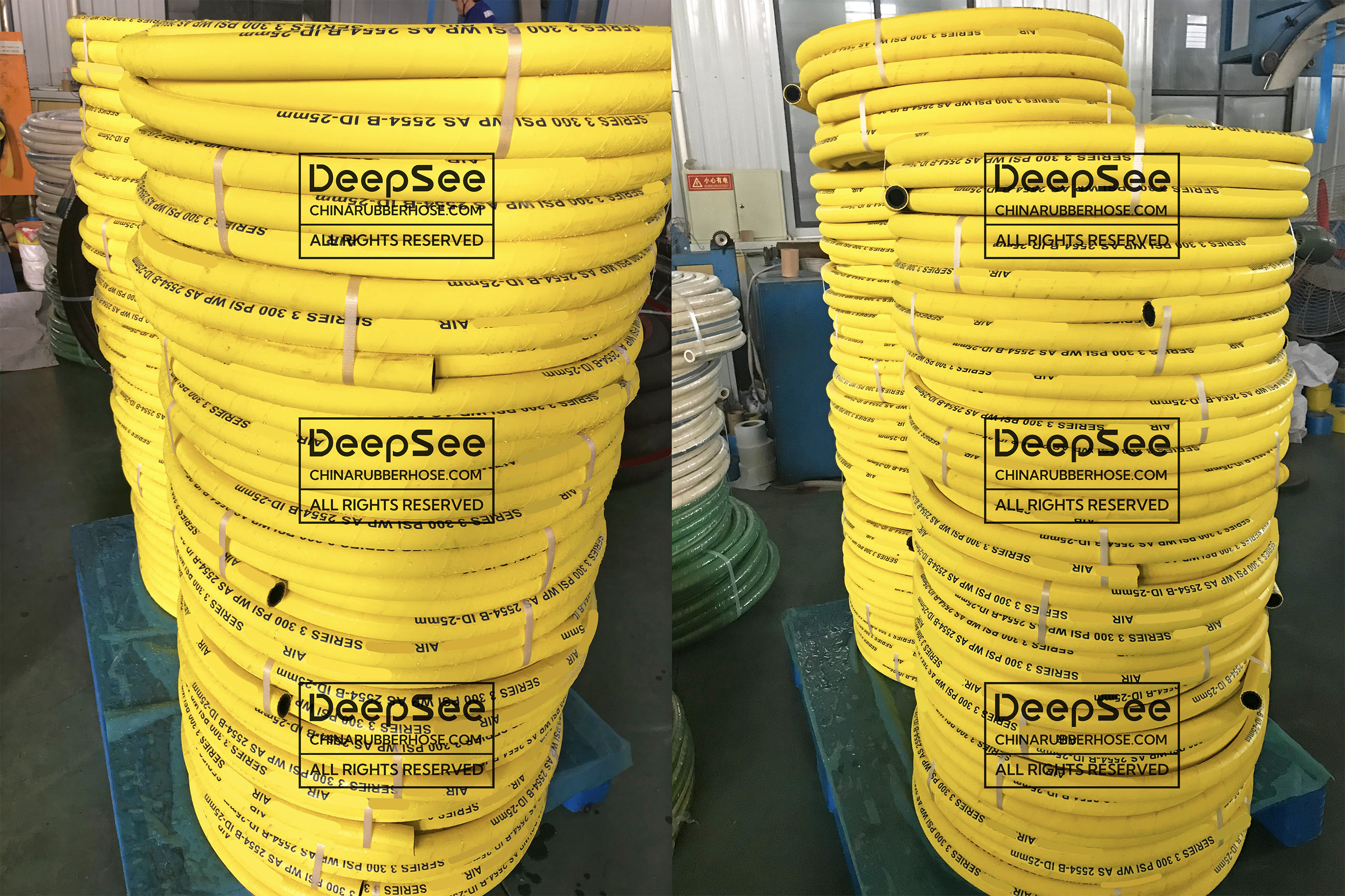 Yellow air hoses working pressure 300 psi on pallets - DeepSee