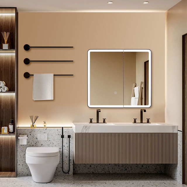 LED Bathroom Medicine Cabinet with Round Corner Framed Mirror Door 22 x 20 inch, Recessed or Surface Mount, with Adjustable Glass shelves