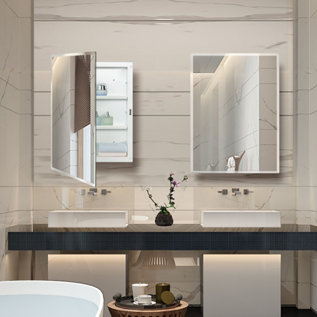 IDYLLOR Plastic Bathroom Medicine Mirror Cabinet 16 x 22 inch, Surface and Recessed Mount, Beveled Edge Mirror