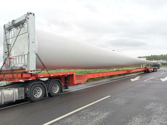 Flatbed extendable semi trailer wind energy transport | wind energy trailer for sale | extendable blade trailer for sale| blade on truck