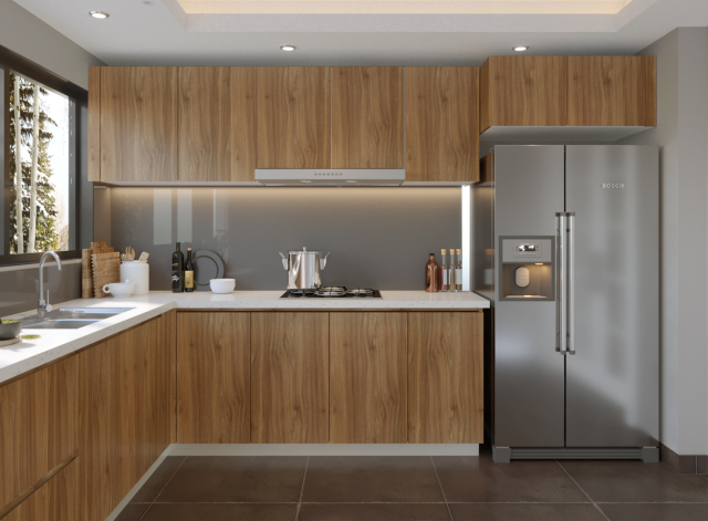 Kitchen Cabinet L-shaped Wood Veneer Finish OPTA24-AT010