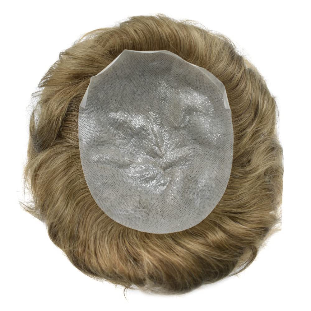 LYRICAL HAIR Toupee for Men Hair System Replacement 0.03mm Ultra Thin SKin V-Looped Mens Hairpiece Natural Hairline Wig for Men (8"X10", 18 Medium Blonde-90% Light Density)