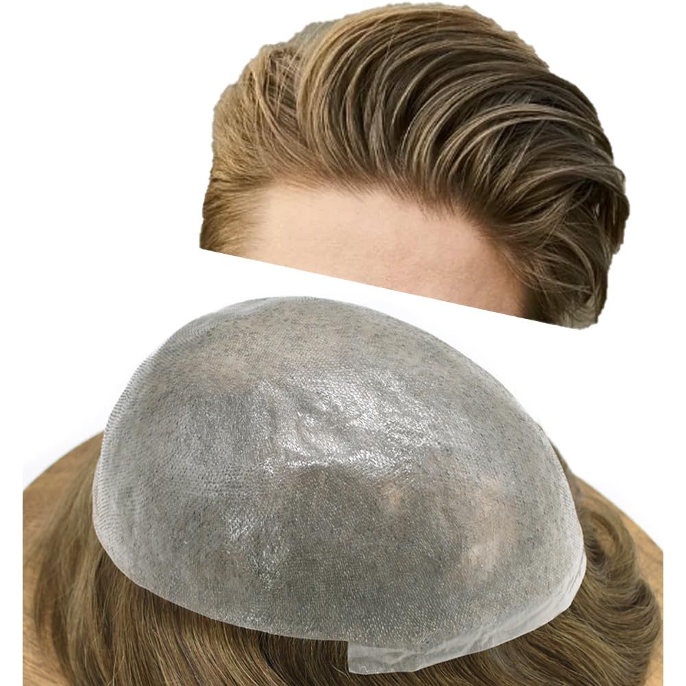 LYRICAL HAIR Toupee for Men Hair System Replacement 0.03mm Ultra Thin SKin V-Looped Mens Hairpiece Natural Hairline Wig for Men (8"X10", 18 Medium Blonde-90% Light Density)