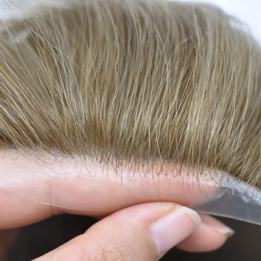LYRICAL HAIR Toupee for Men Hair System Replacement 0.03mm Ultra Thin SKin V-Looped Mens Hairpiece Natural Hairline Wig for Men (8"X10", 18 Medium Blonde-90% Light Density)