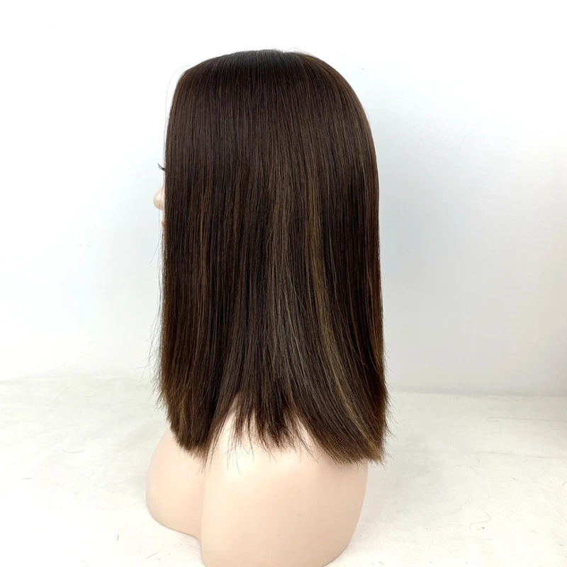 Remy Human Hair Jewish Wig No-Layered Shoulder Length Straight Type Silk Base Top Piano Brown Color Trendy Style