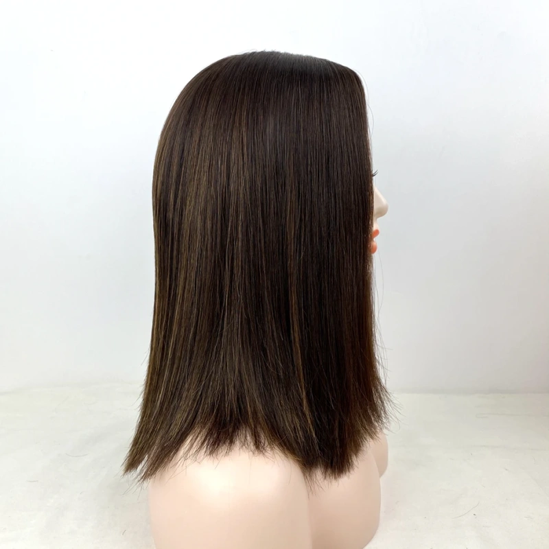 Remy Human Hair Jewish Wig No-Layered Shoulder Length Straight Type Silk Base Top Piano Brown Color Trendy Style
