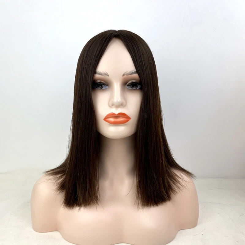 Remy Human Hair Jewish Wig No-Layered Shoulder Length Straight Type Silk Base Top Piano Brown Color Trendy Style