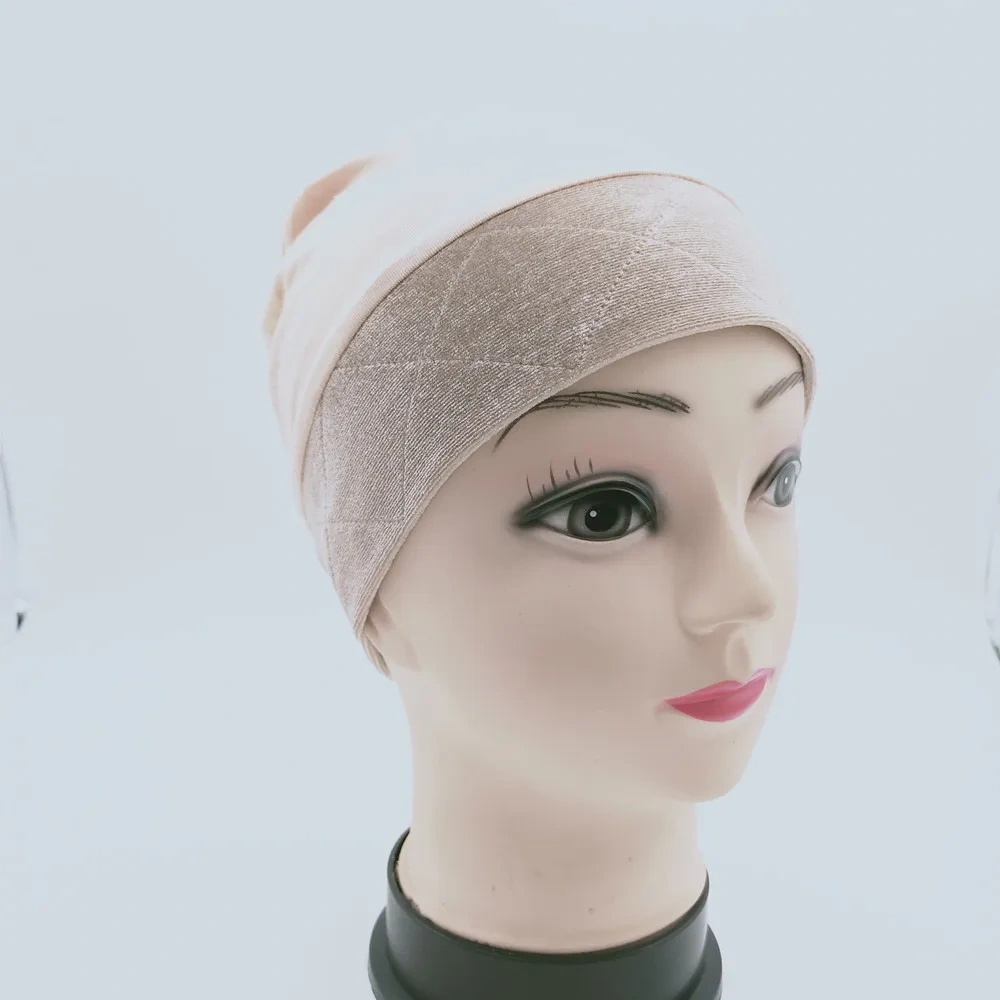 Beige color wig grip cap with velvet headband around for cancel patients comfortable and elastic