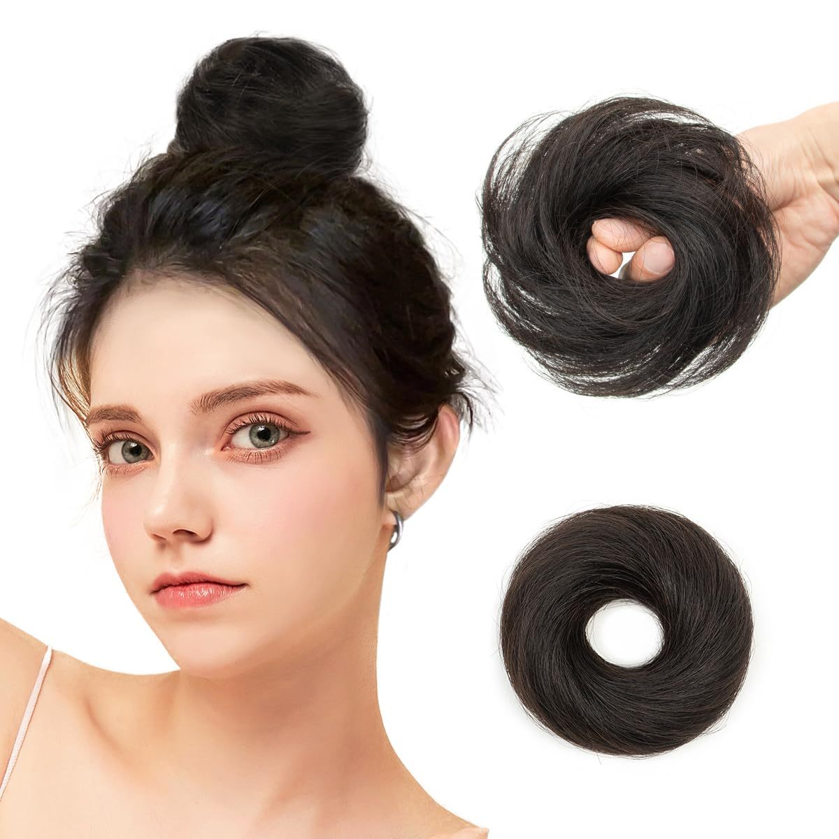 isheeny 100% Human Hair Bun, Messy Bun Hair Piece Real Human Hair Extensions Natural Curly Brown Hair Bun Hairpieces For Women/Kids Girls Tousled Updo Chignons Daily Use (Natural Black)