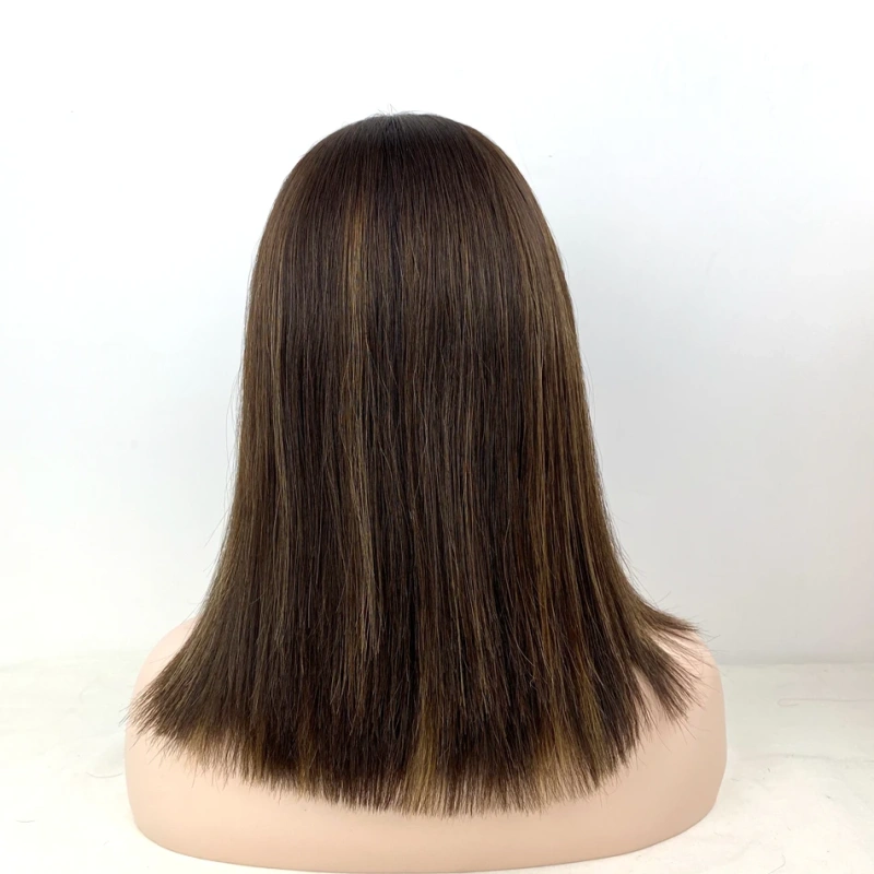 Remy Human Hair Jewish Wig No-Layered Shoulder Length Straight Type Silk Base Top Piano Brown Color Trendy Style