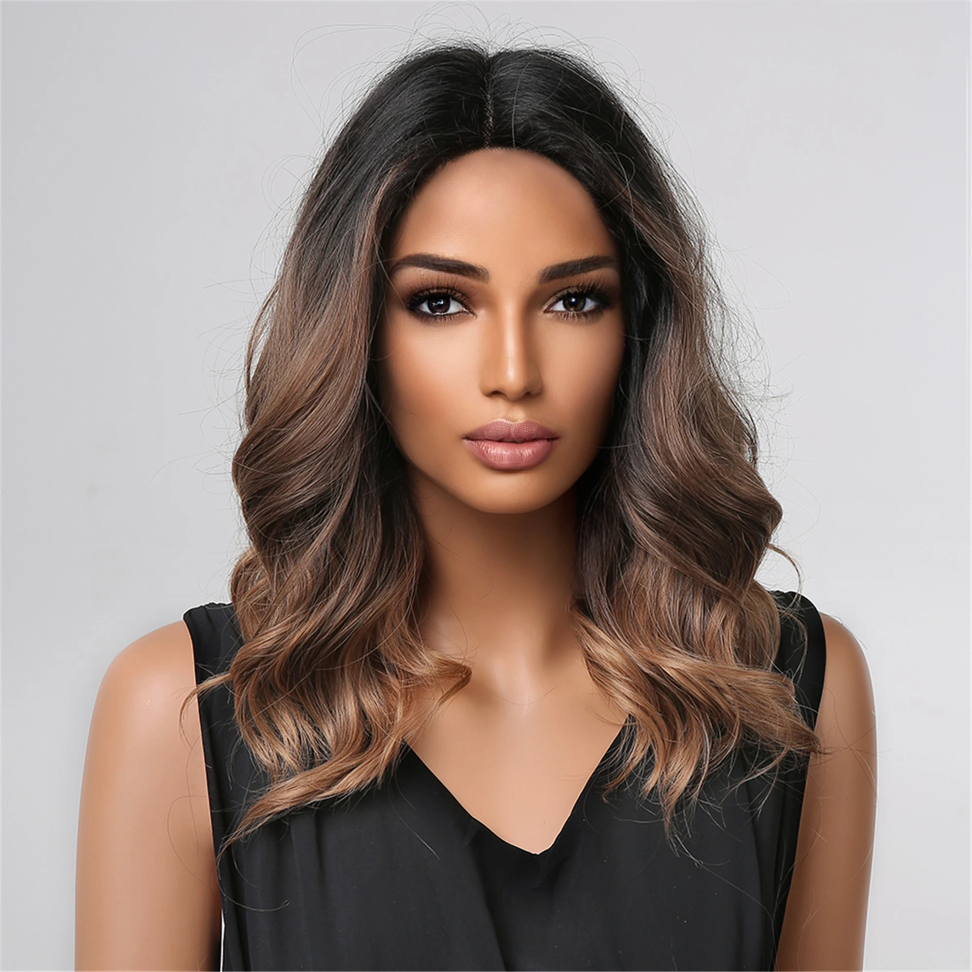 Shoulder Long Black Brown Ombre Wig Synthetic Natural Wave Wigs with Bangs Heat Resistant Daily Party Cosplay Wig for Afro Women