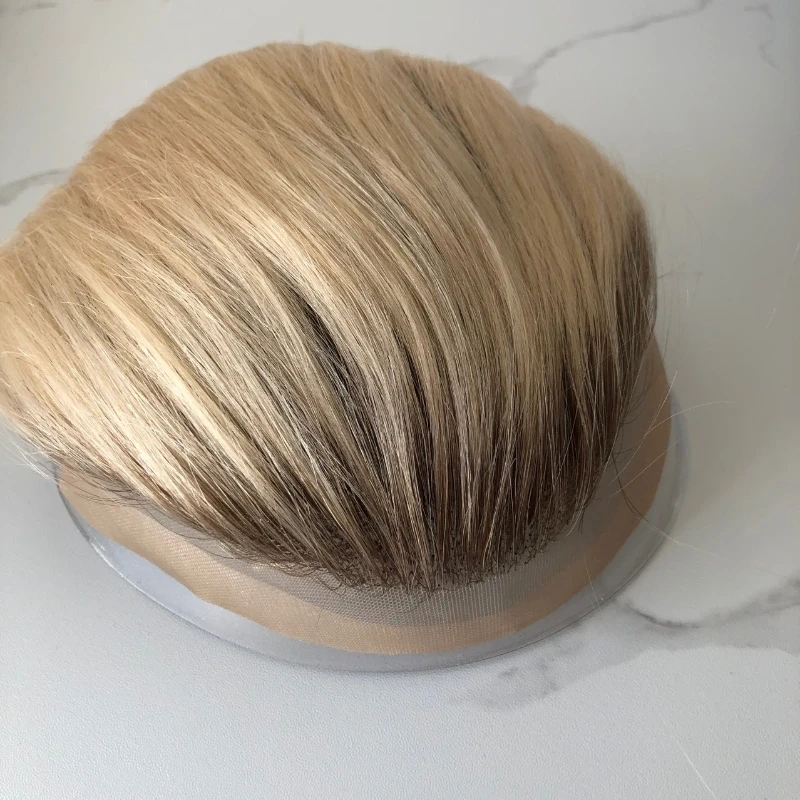 Men Toupee Lace And Pu Base Wigs Blonde Hair Lace Front Hair Systems Male Hair Prosthesis T4/613 Hairpieces For Men Hair System