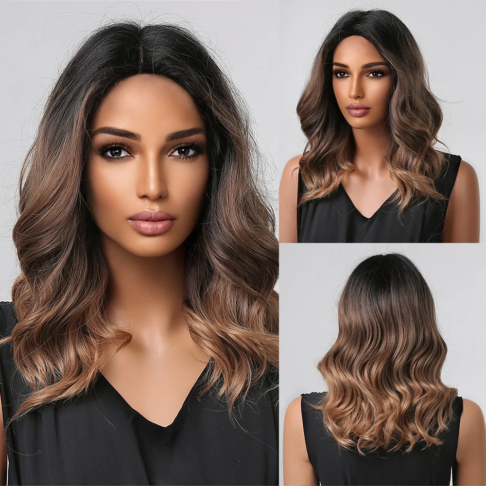Shoulder Long Black Brown Ombre Wig Synthetic Natural Wave Wigs with Bangs Heat Resistant Daily Party Cosplay Wig for Afro Women