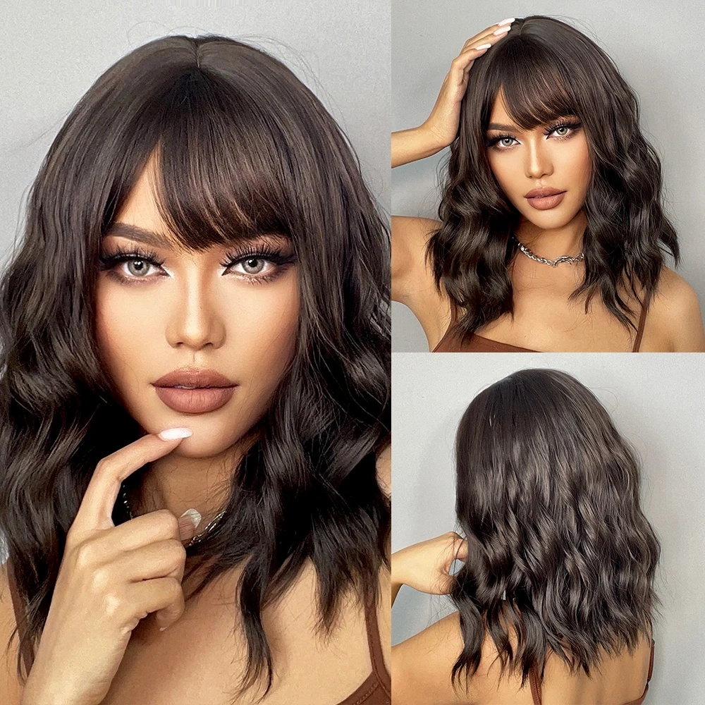 Shoulder Long Black Brown Ombre Wig Synthetic Natural Wave Wigs with Bangs Heat Resistant Daily Party Cosplay Wig for Afro Women