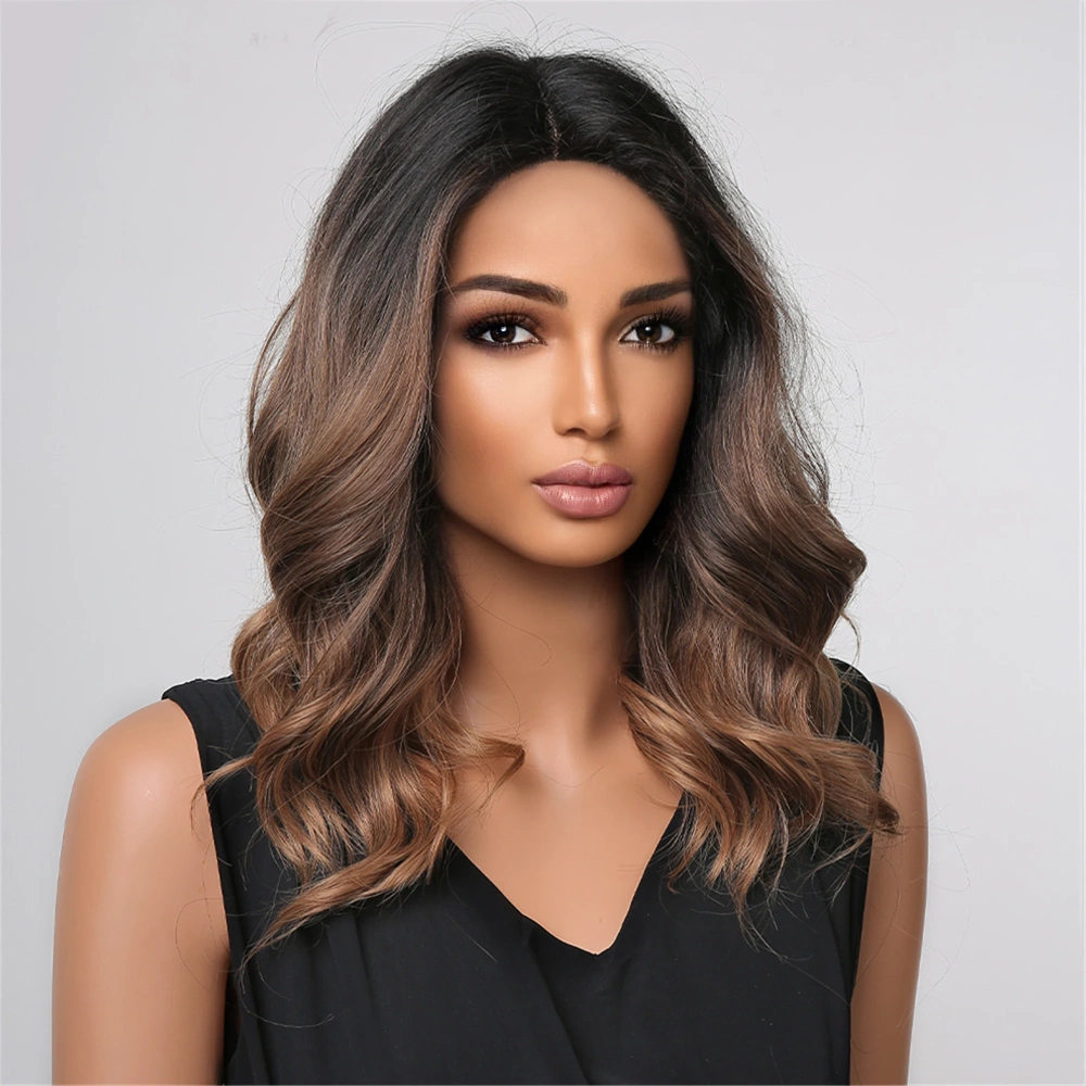 Shoulder Long Black Brown Ombre Wig Synthetic Natural Wave Wigs with Bangs Heat Resistant Daily Party Cosplay Wig for Afro Women