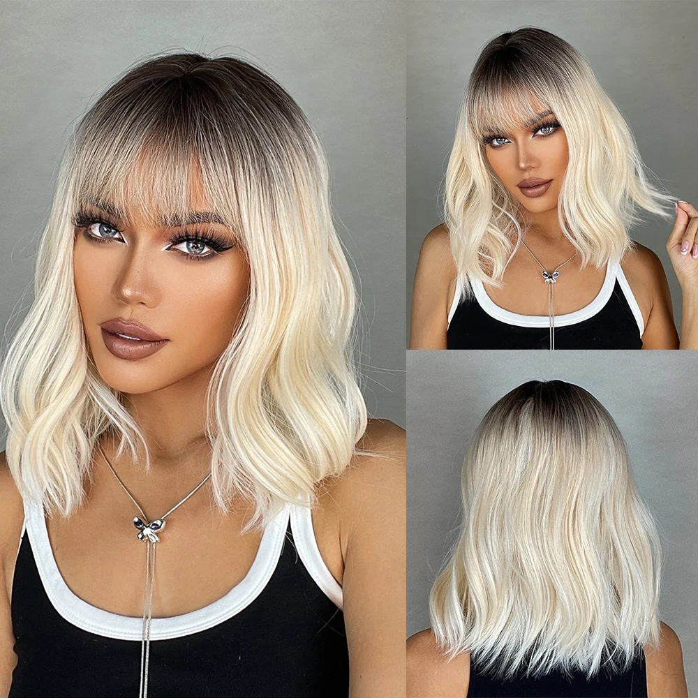 Shoulder Long Black Brown Ombre Wig Synthetic Natural Wave Wigs with Bangs Heat Resistant Daily Party Cosplay Wig for Afro Women