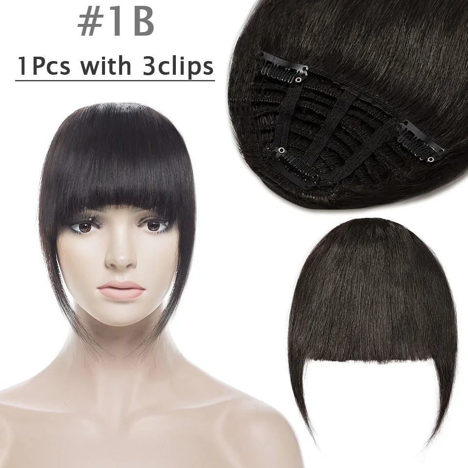 S-noilite 25g Human Hair Blunt Bangs Wig Natural Black Brown Invisible Fake Non-Remy Hair Piece Clip In Fringe Hair Extensions