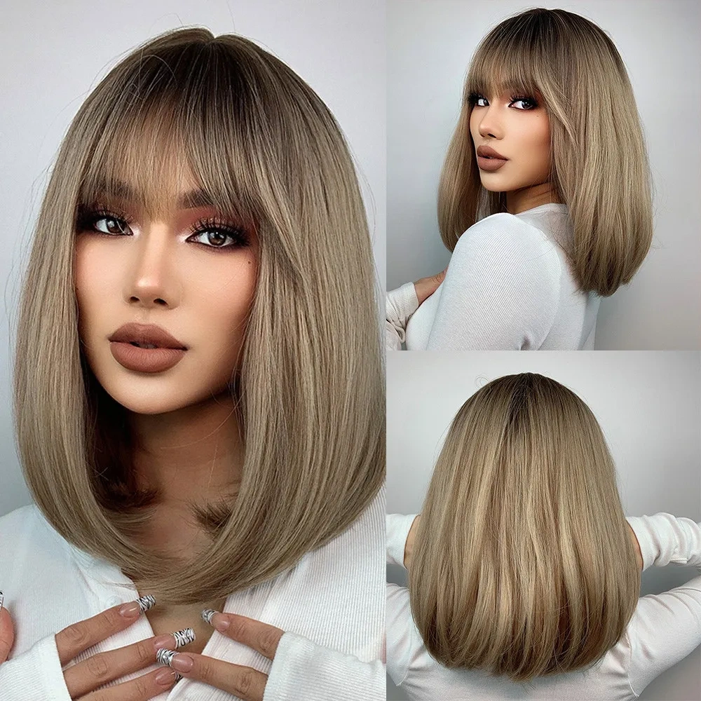 Shoulder Long Black Brown Ombre Wig Synthetic Natural Wave Wigs with Bangs Heat Resistant Daily Party Cosplay Wig for Afro Women