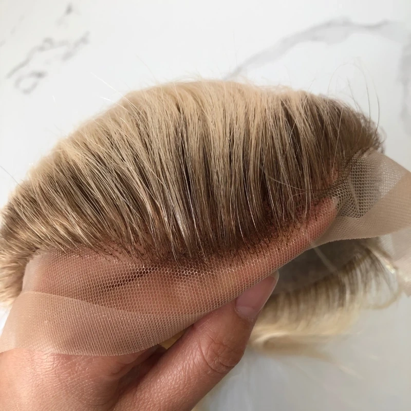 Men Toupee Lace And Pu Base Wigs Blonde Hair Lace Front Hair Systems Male Hair Prosthesis T4/613 Hairpieces For Men Hair System