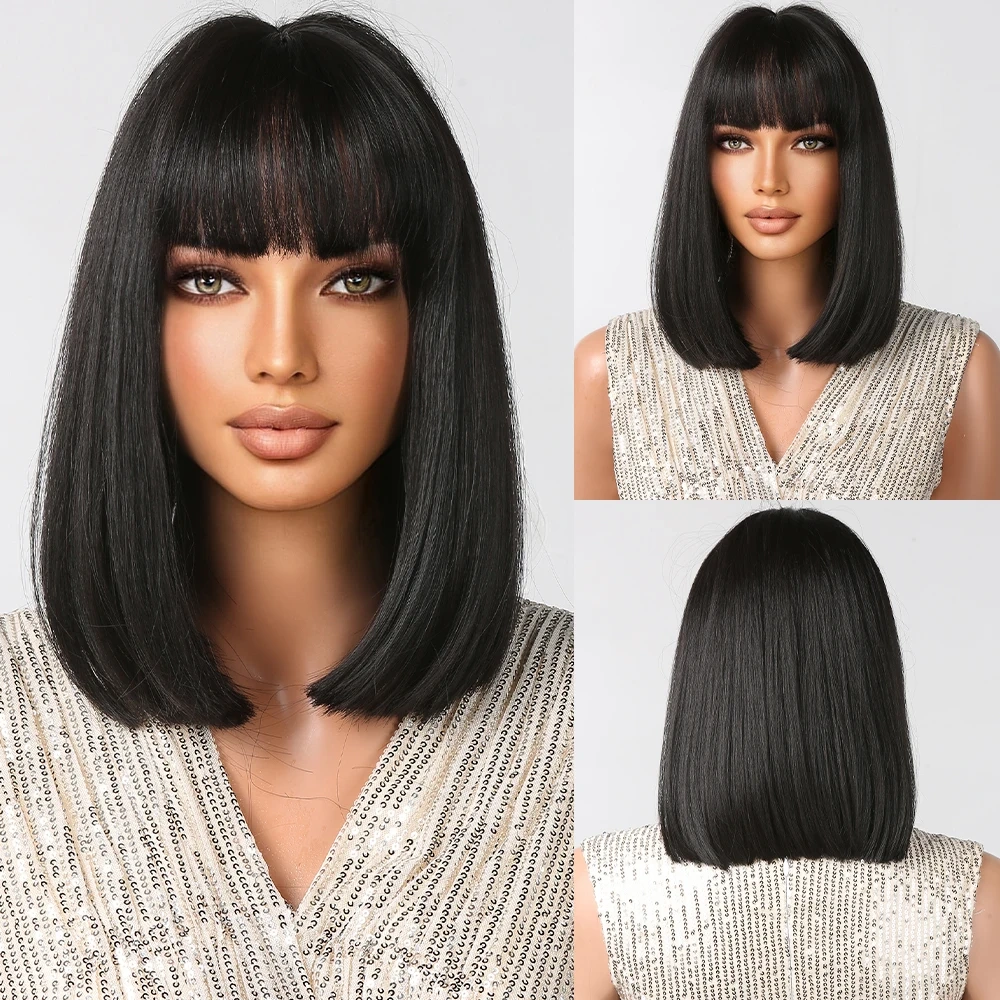 Shoulder Long Black Brown Ombre Wig Synthetic Natural Wave Wigs with Bangs Heat Resistant Daily Party Cosplay Wig for Afro Women