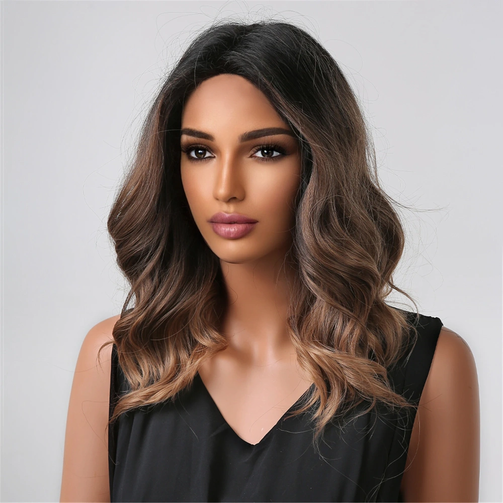 Shoulder Long Black Brown Ombre Wig Synthetic Natural Wave Wigs with Bangs Heat Resistant Daily Party Cosplay Wig for Afro Women