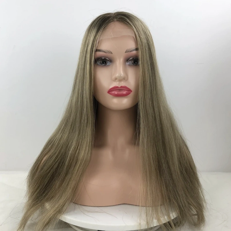 Remy Human Hair Kosher Wig For White Women Brown With Highlights Long Straight Style Swiss Lace Top Little Layer Sheitels