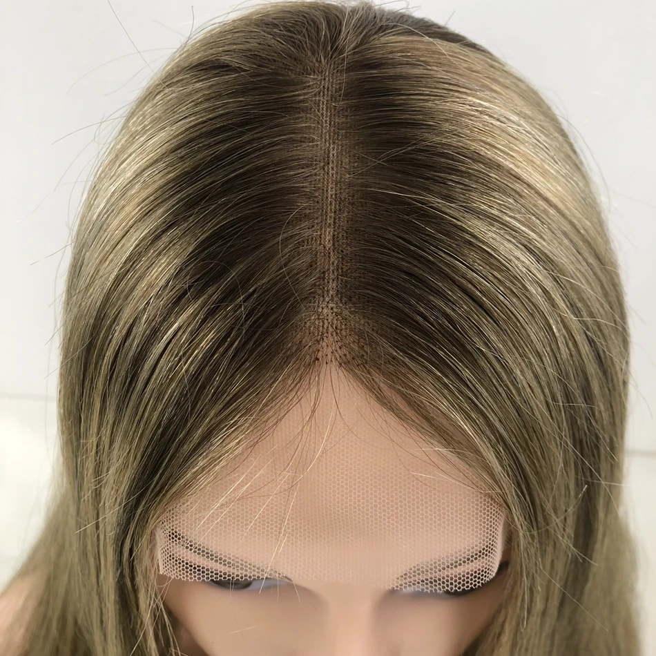 Remy Human Hair Kosher Wig For White Women Brown With Highlights Long Straight Style Swiss Lace Top Little Layer Sheitels
