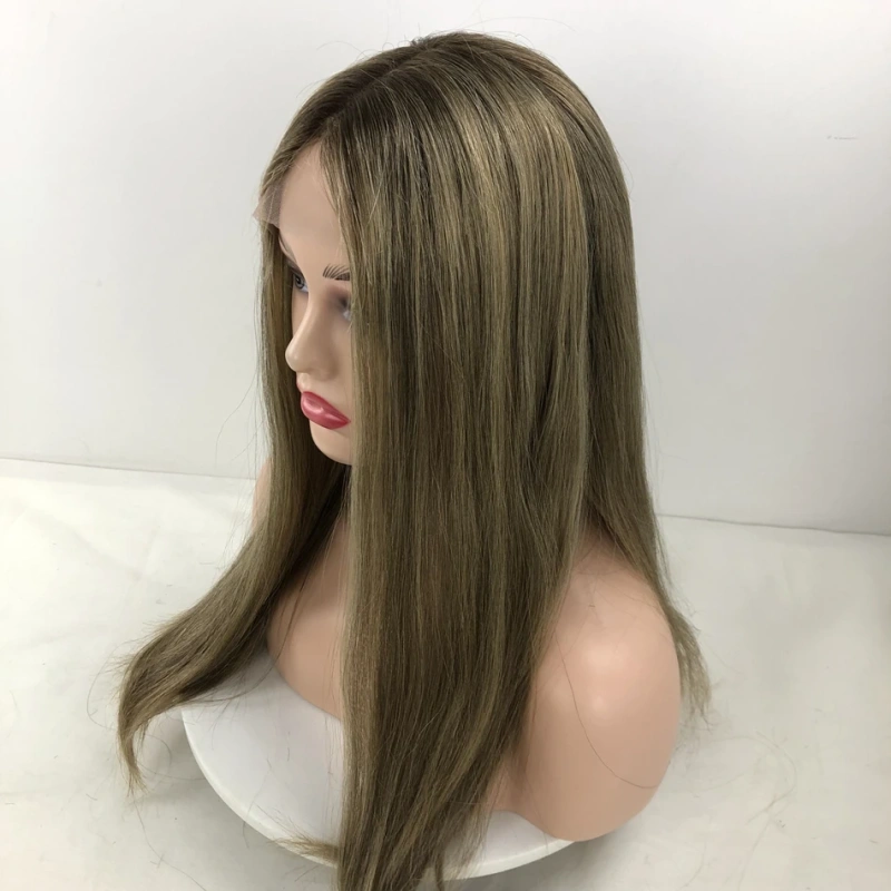 Remy Human Hair Kosher Wig For White Women Brown With Highlights Long Straight Style Swiss Lace Top Little Layer Sheitels