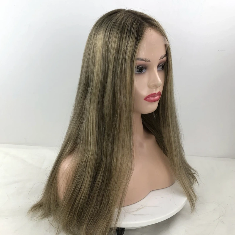 Remy Human Hair Kosher Wig For White Women Brown With Highlights Long Straight Style Swiss Lace Top Little Layer Sheitels