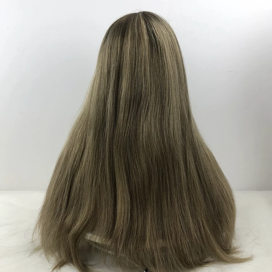 Remy Human Hair Kosher Wig For White Women Brown With Highlights Long Straight Style Swiss Lace Top Little Layer Sheitels
