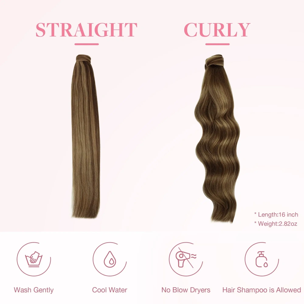 Ponytail Human Hair Wrap Around Horsetail Straight 100% Remy Thick Human Hair Clip-in Ponytail Extensions For Women 75-90G