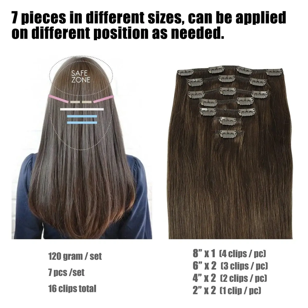 Clip In Human Hair Extensions Straight Remy Hair Natural Black to Light Brown Honey Ombre Hair Extensions With Clips 120G