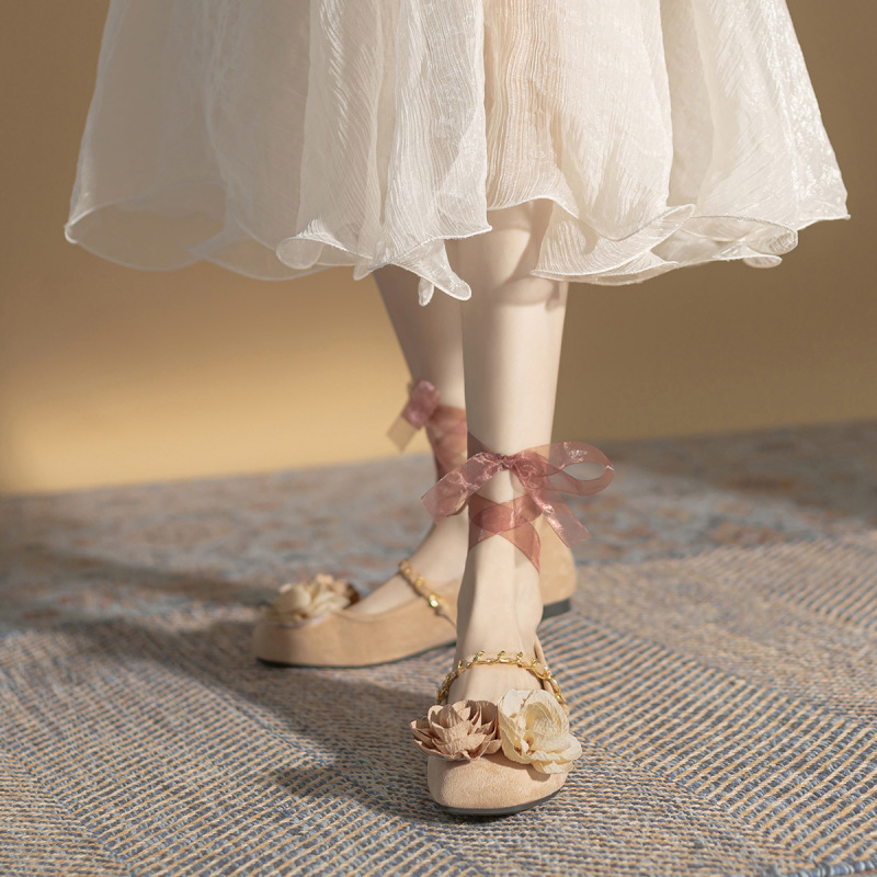 Primavera 2024 novo estilo chinês flor mary jean cabeça quadrada único sapatos mulheres vintage ballet flat shoes multi