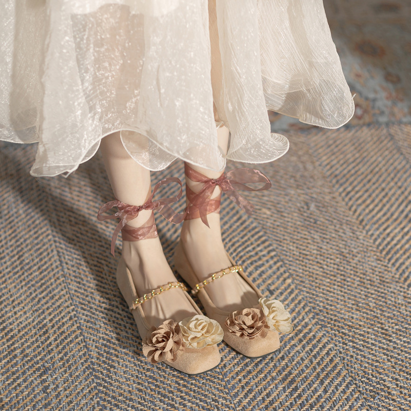 Primavera 2024 novo estilo chinês flor mary jean cabeça quadrada único sapatos mulheres vintage ballet flat shoes multi