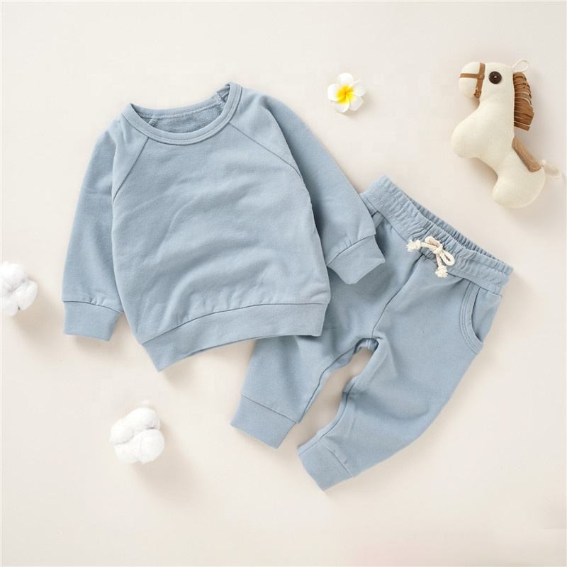 Terry Fleece Solid Color Kids Clothing Raglan Sleeve Sweater Set Baby Pajama Set