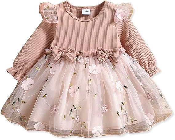 Pink Ribbed Long Sleeve Bowknot Floral Mesh dress
