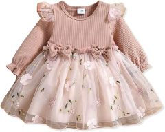 Pink Ribbed Long Sleeve Bowknot Floral Mesh dress