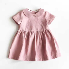short sleeve linen cotton dresses O-Neck solid color dress