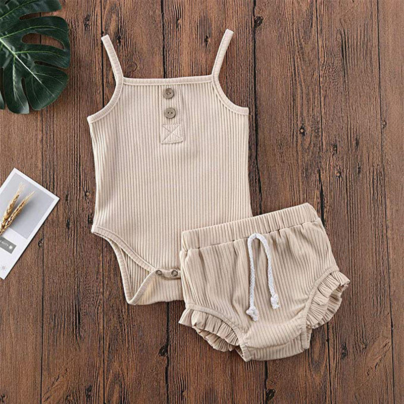 Knitted Pit Strip Tops + Shorts Cotton Romper Outfits