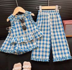 blue plaid two piece set for girl