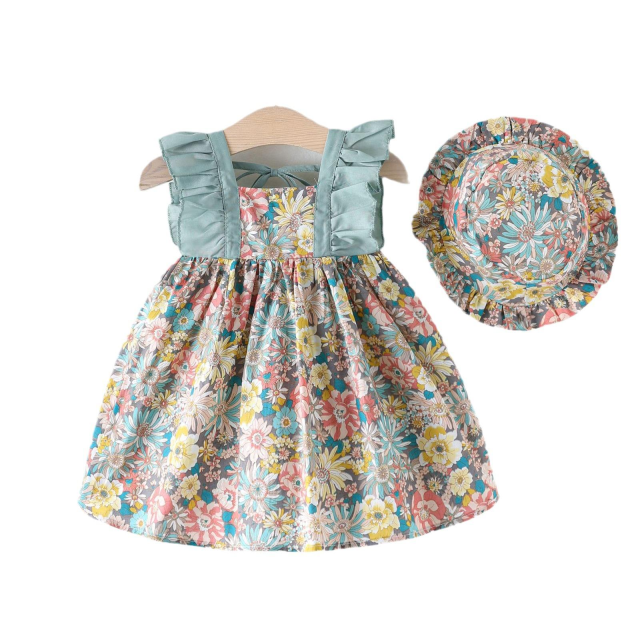 Sleeveless Floral ruffle dress with fishman  hat