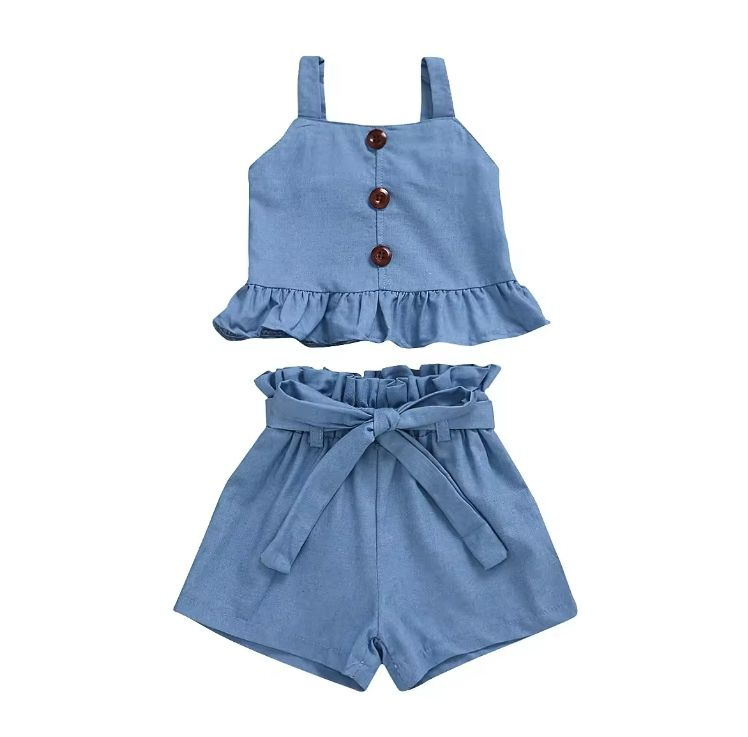 Summer Girls Denim ruffle sleeveless short pants Suit