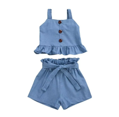 Summer Girls Denim ruffle sleeveless short pants Suit