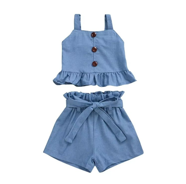 Summer Girls Denim ruffle sleeveless short pants Suit